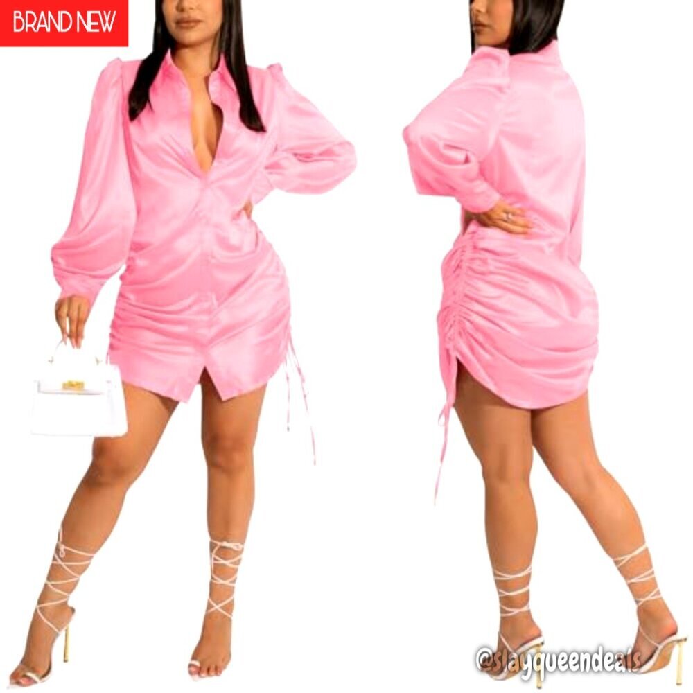 Silk Mini Wrap Dress Long Sleeve Ruched Club Night Out Drawstring - Picture 5 of 8